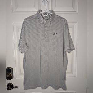 Under Armour Men's XL Loose Fit Heatgear Gray White Stripe Dri-fit Polo EUC